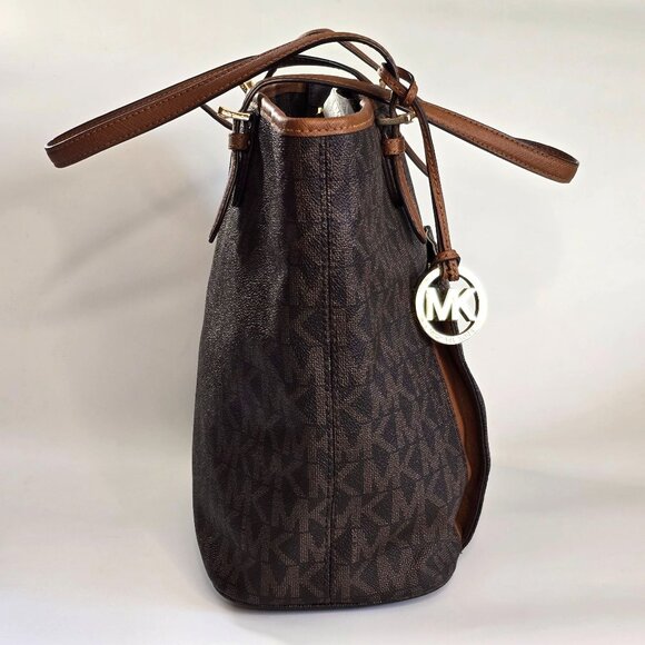 Michael Kors Jet Set Monogram Coated Canvas Tote LG Brown/Tan Front Snap Pocket - Picture 4 of 16